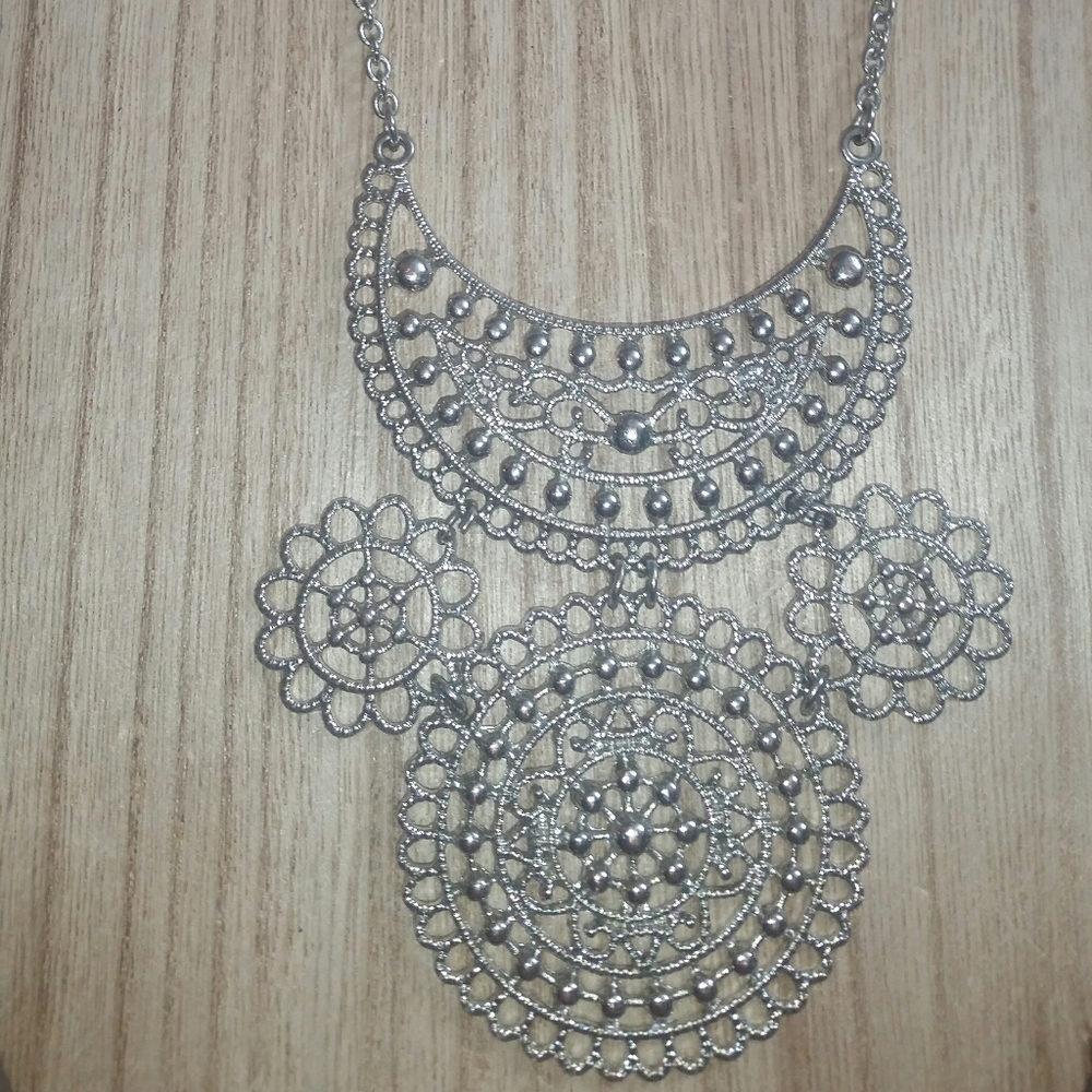 Boho Chic Silver Medallion Statement Necklace - image 1